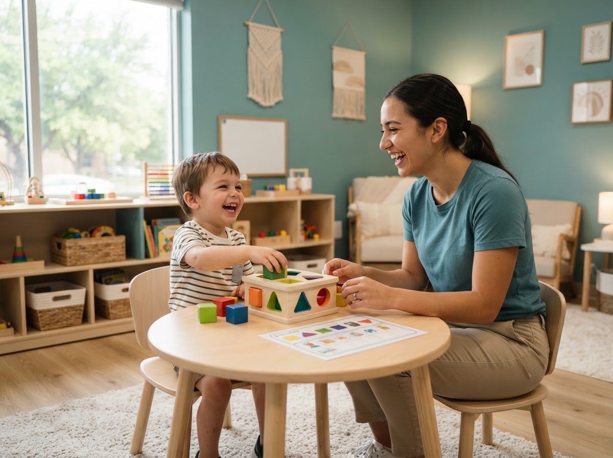 Bright welcoming ABA clinic therapy room with a child and therapist at a play table