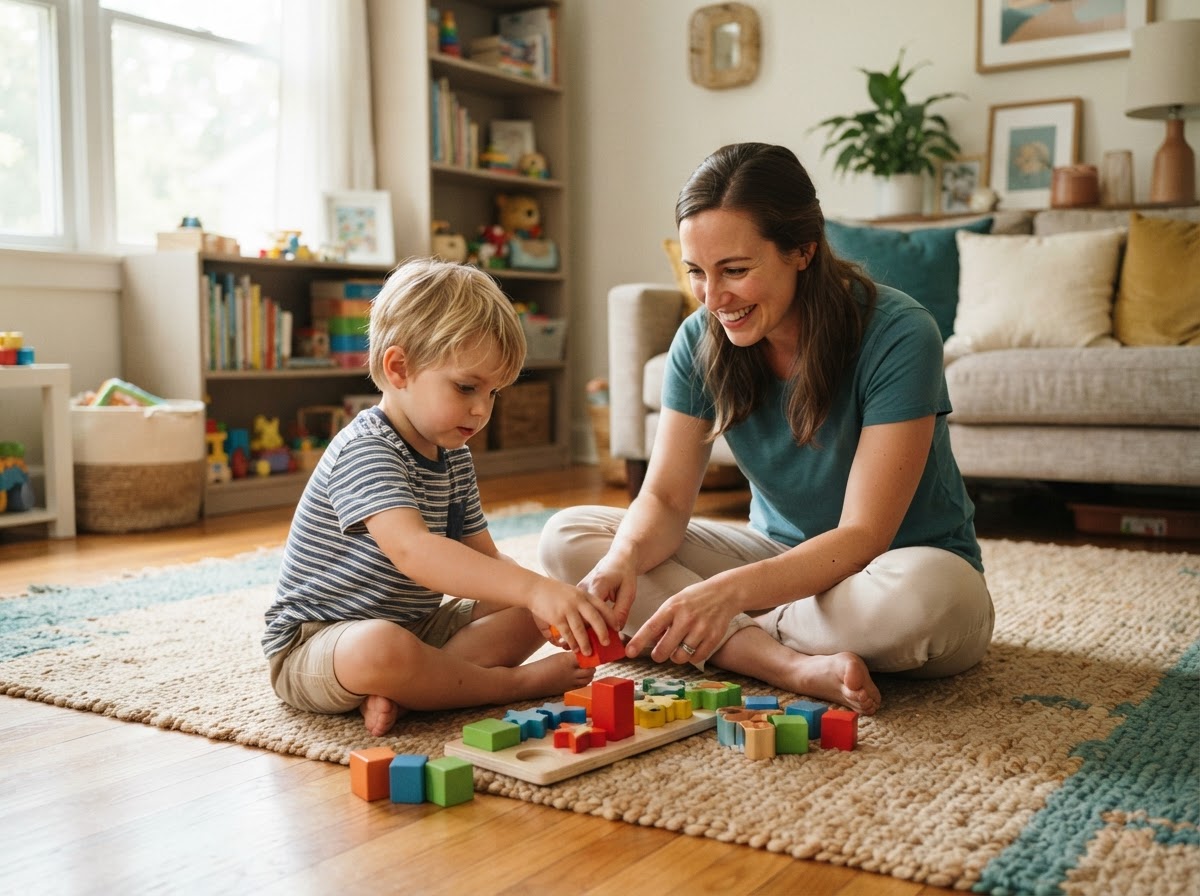 In-home behavioral therapist guiding a child through play-based learning on a cozy living room floor