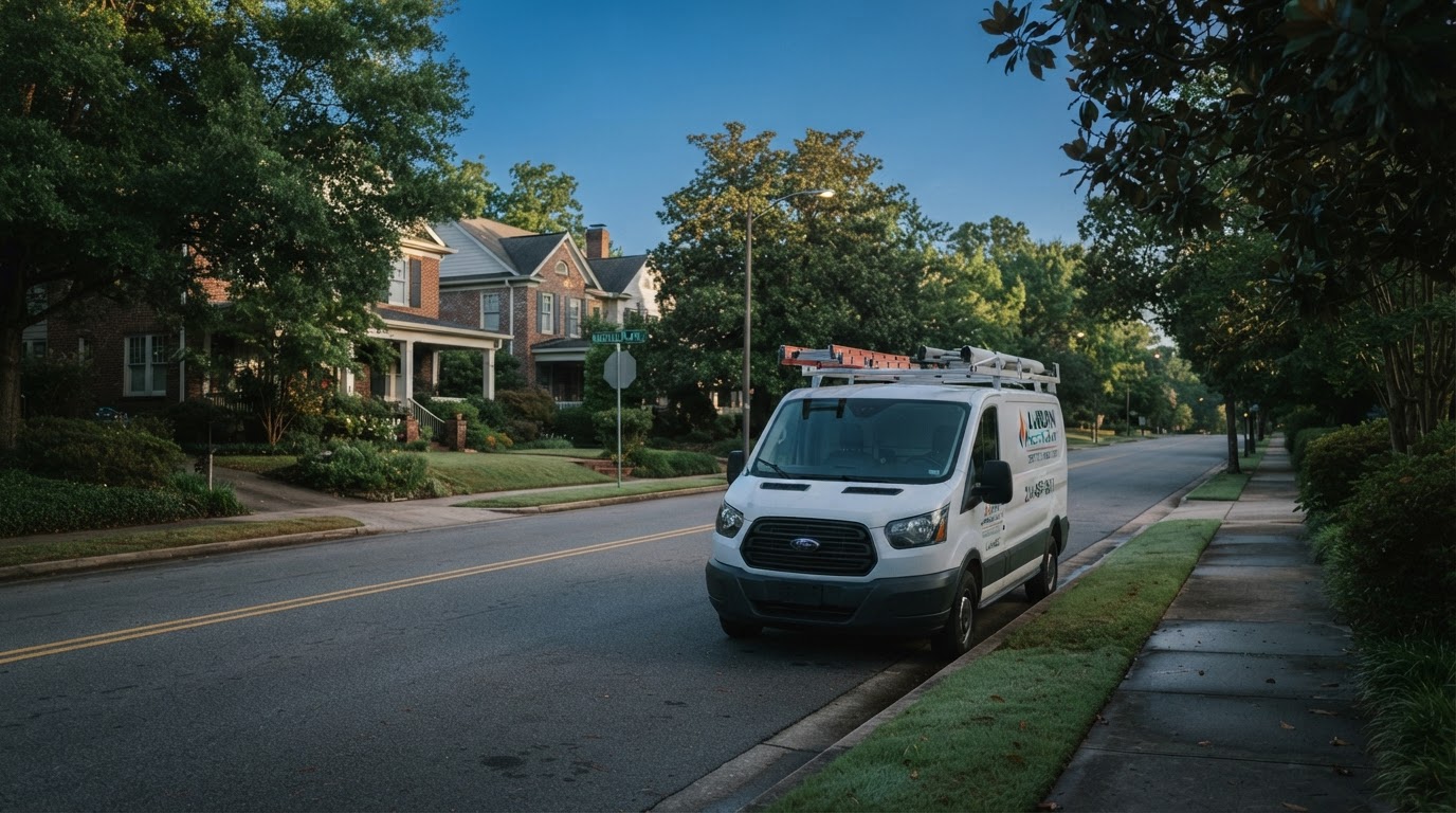 Service truck parked on a residential street in Auburn, Alabama
