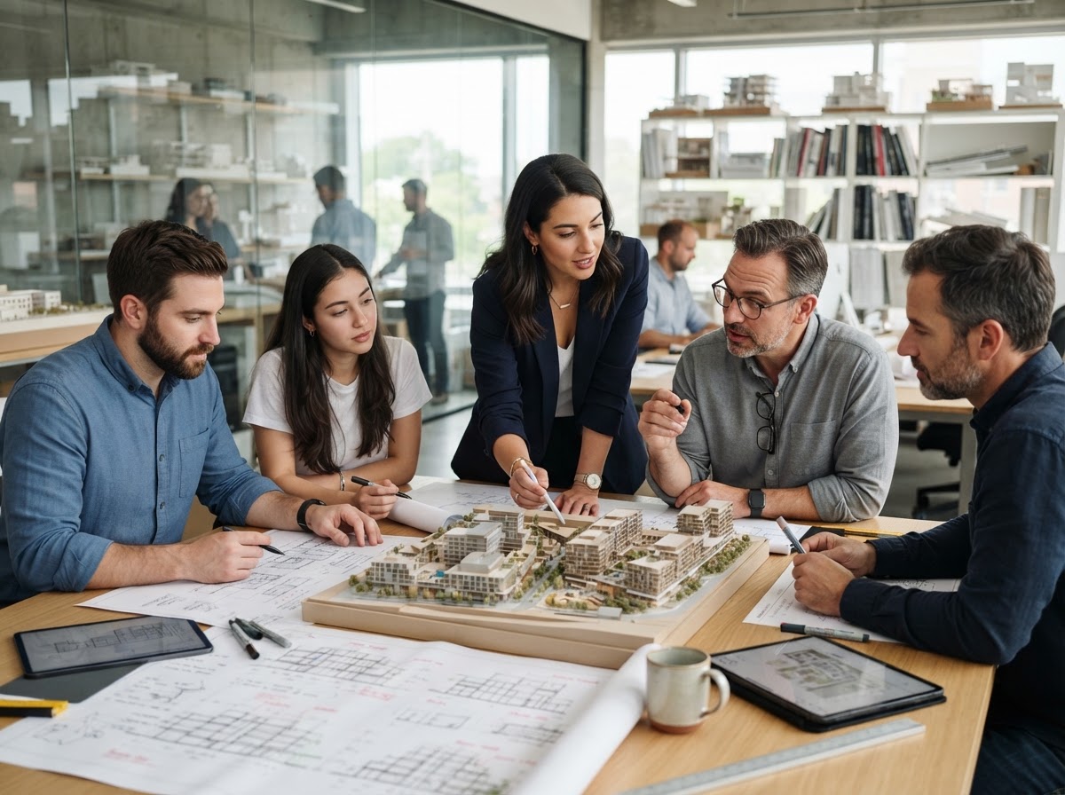 Equipo de arquitectos de Vértice Arquitectura en CDMX trabajando sobre planos arquitectónicos, proyecto ejecutivo y modelos 3D para desarrollo inmobiliario y gerencia de construcción