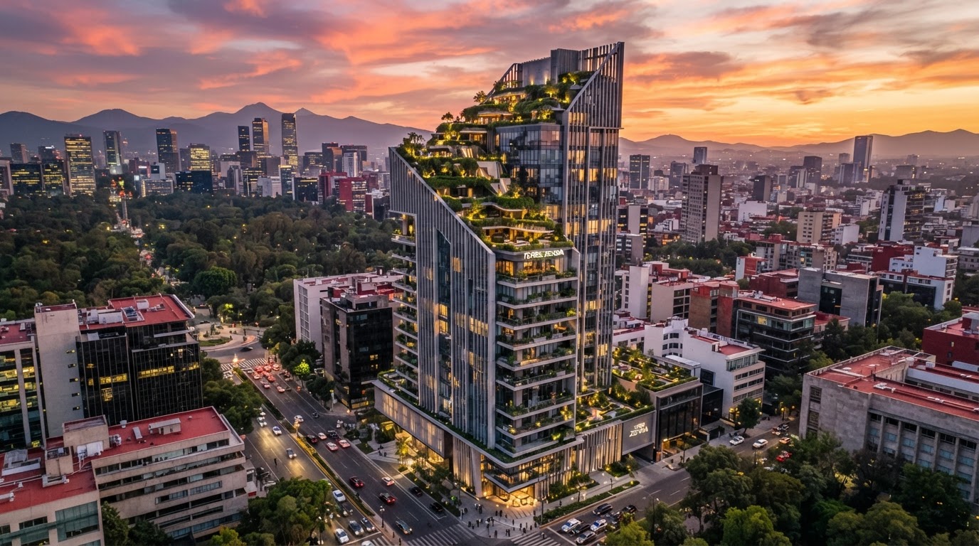 Desarrollo inmobiliario de usos mixtos en Insurgentes Sur CDMX con vista aérea de torre residencial vertical de alta densidad
