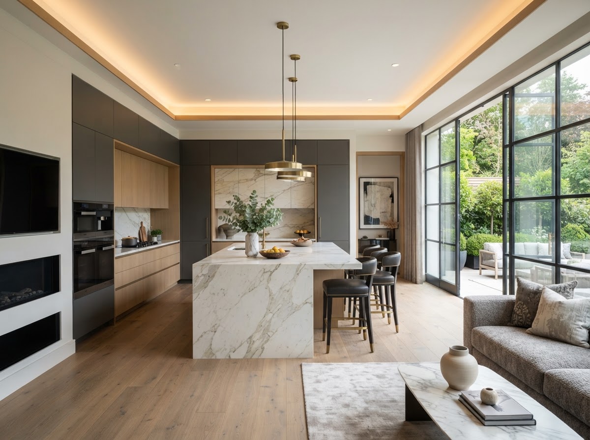 Cocina premium e interiorismo de penthouse en La Condesa CDMX con isla de mármol y carpintería a medida para remodelación de alto impacto