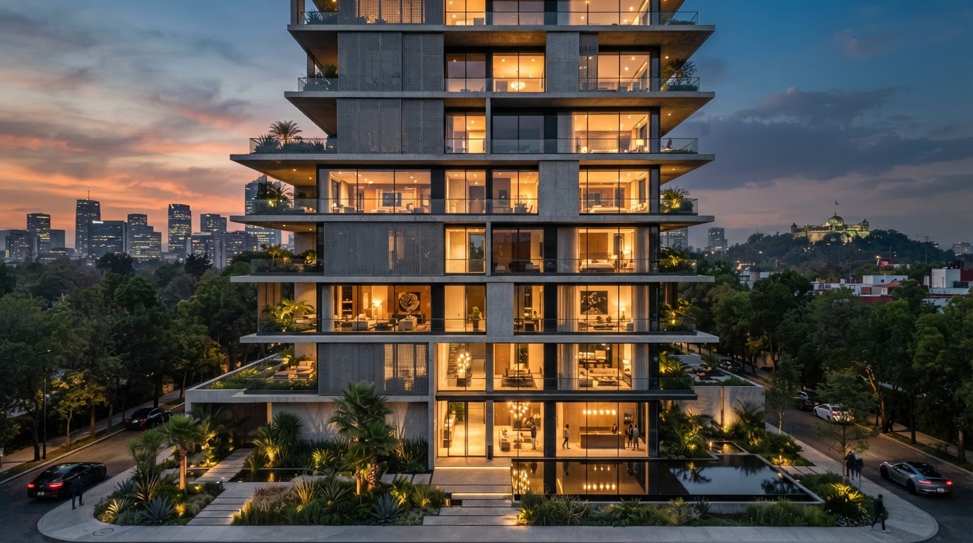 Edificio residencial contemporáneo al atardecer en CDMX desarrollado por Vértice Arquitectura como desarrollo inmobiliario de alta plusvalía y rentabilidad