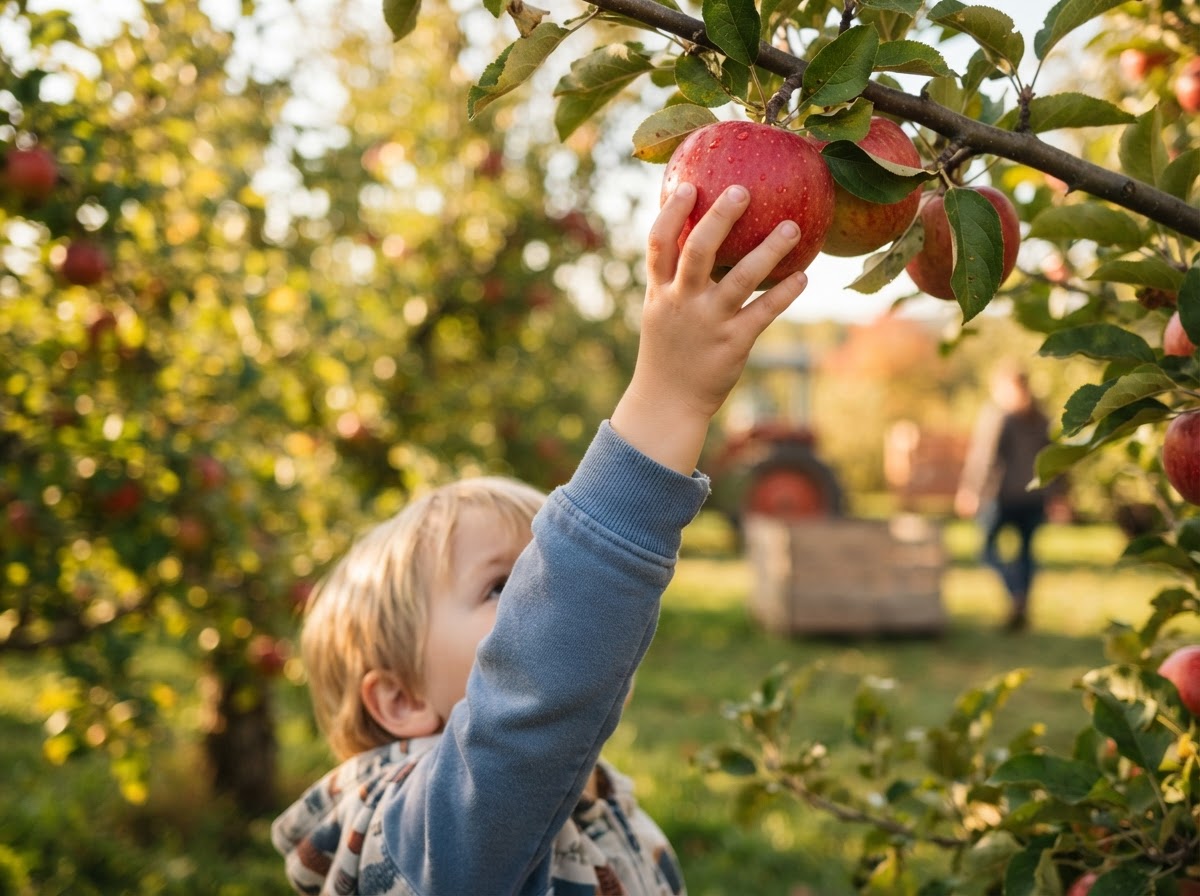 A child's hand reaching up to pick a perfect red apple from a laden branch at Paradise Fields
