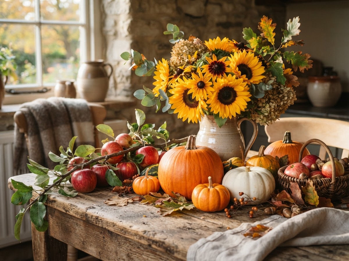 A rustic display of autumn apples, sunflowers, and pumpkins at Paradise Fields Family Day