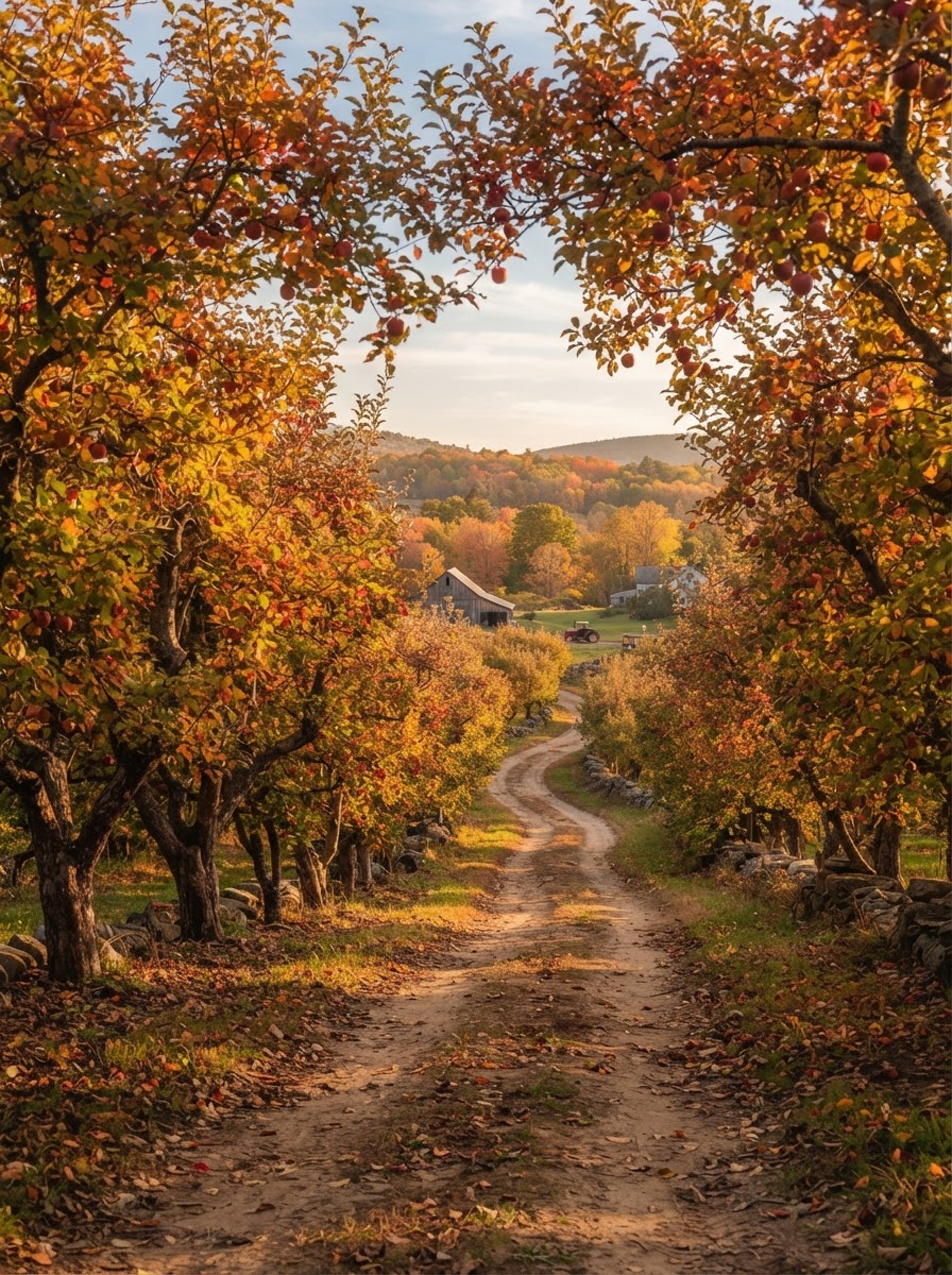 A winding autumn orchard pathway lined with apple trees at golden hour, Paradise Fields
