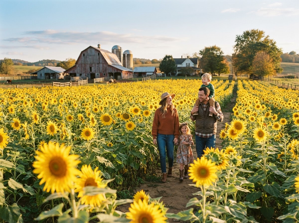 A golden sunflower field at Paradise Fields in autumn