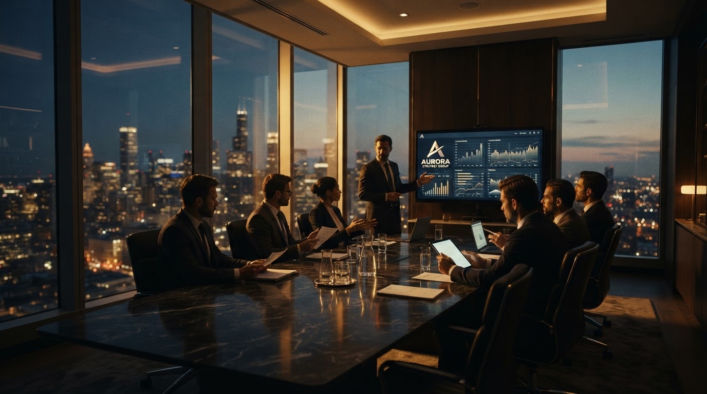4ENSIX consultants leading a strategy session in a glass office tower at dusk