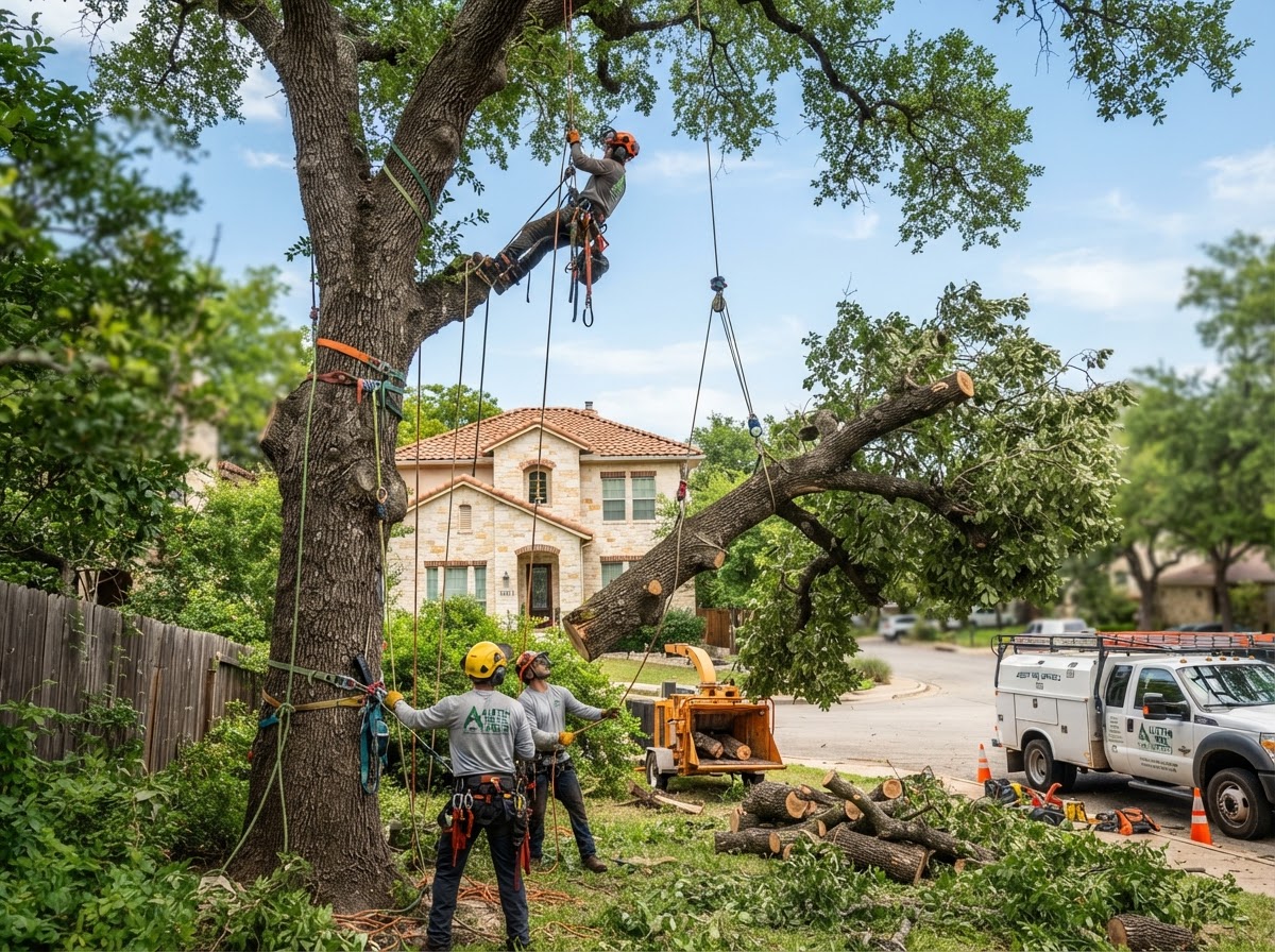 Tree removal crew safely lowering large oak branches in Austin & San Antonio