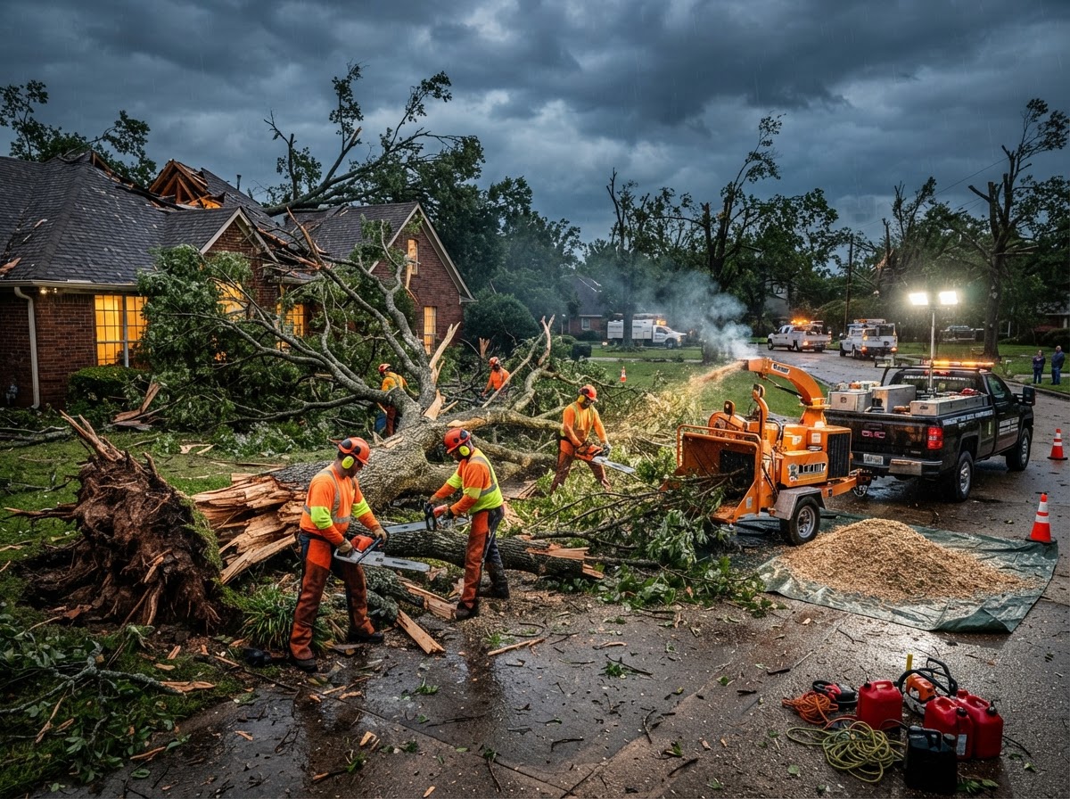 Emergency crew clearing fallen storm-damaged tree from driveway