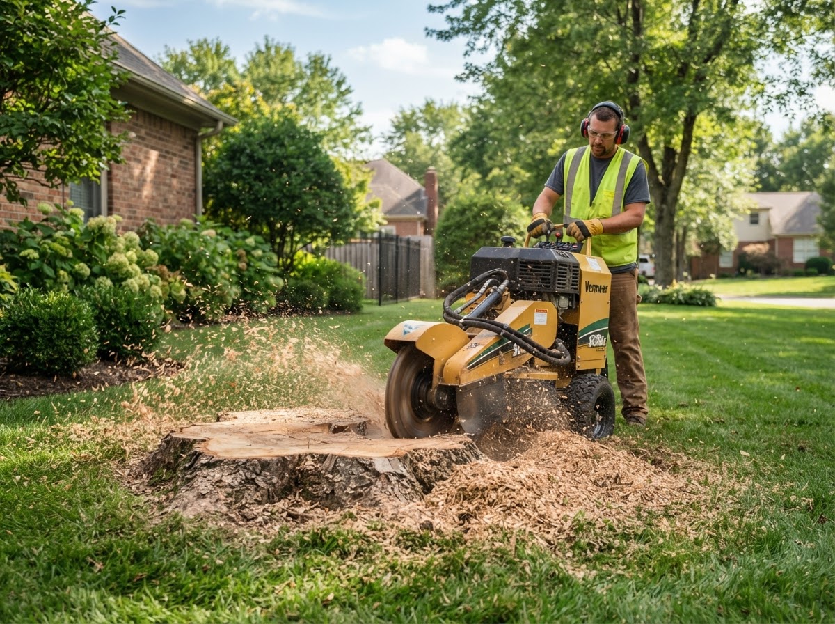 Commercial stump grinder actively grinding tree stump into wood chips