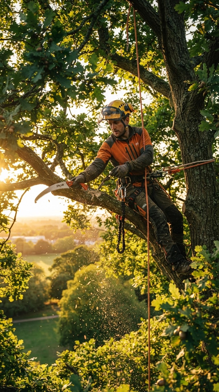 Professional arborist in safety gear working high in a mature oak canopy at golden hour