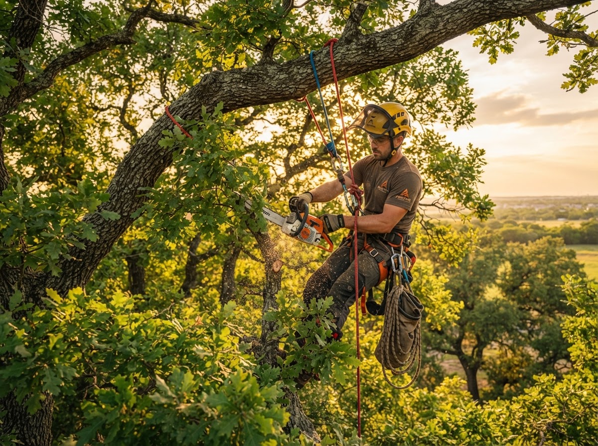 Arborist in safety gear pruning high in an oak tree canopy