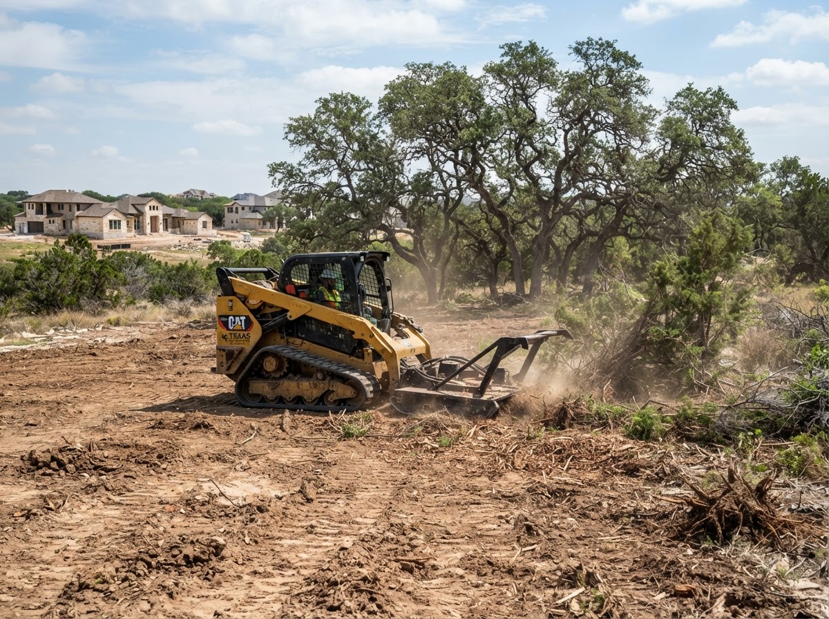 Heavy machinery clearing brush and small trees on a Texas lot