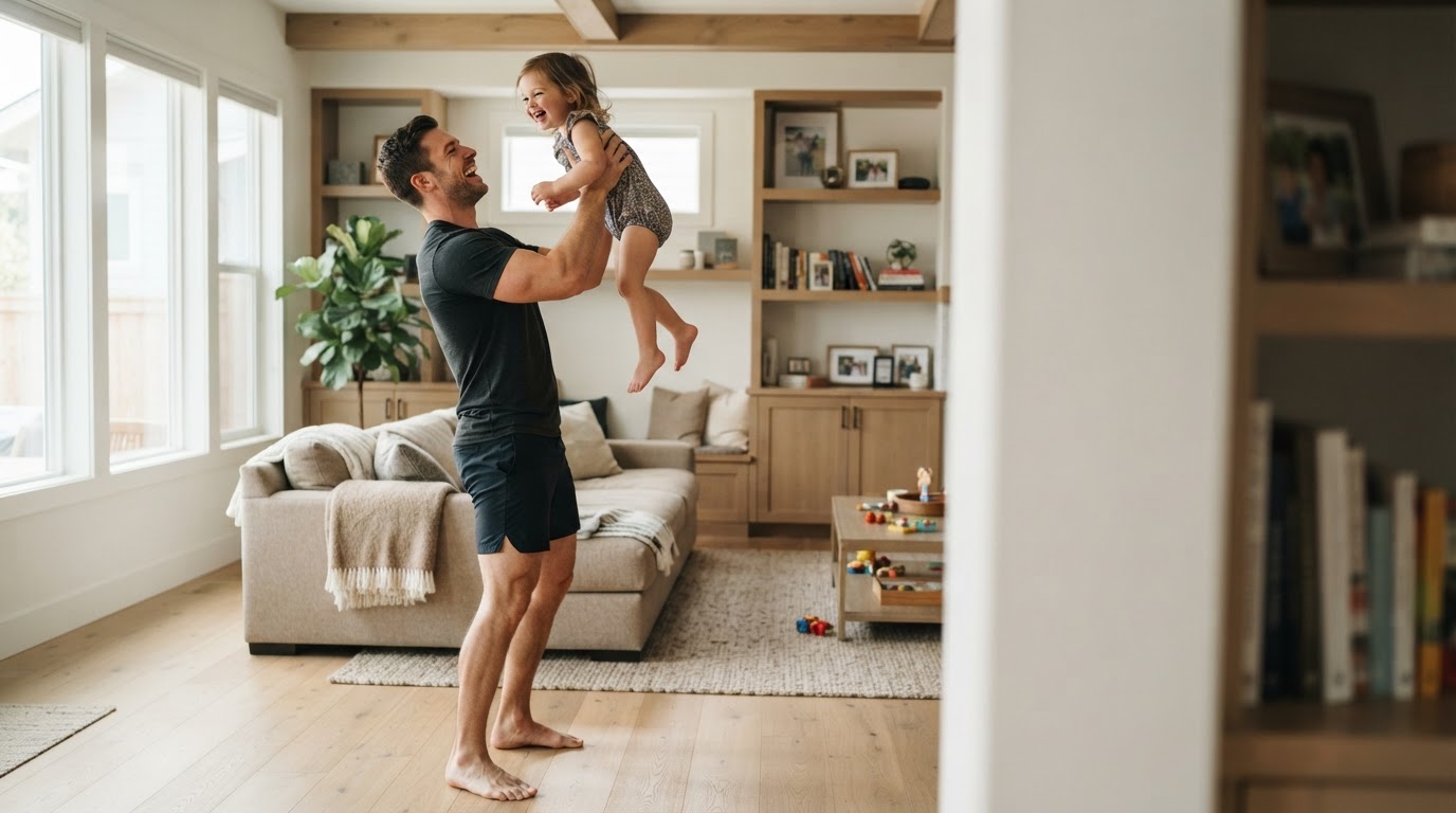 Ethan Cole lifting his child at home with energy and joy