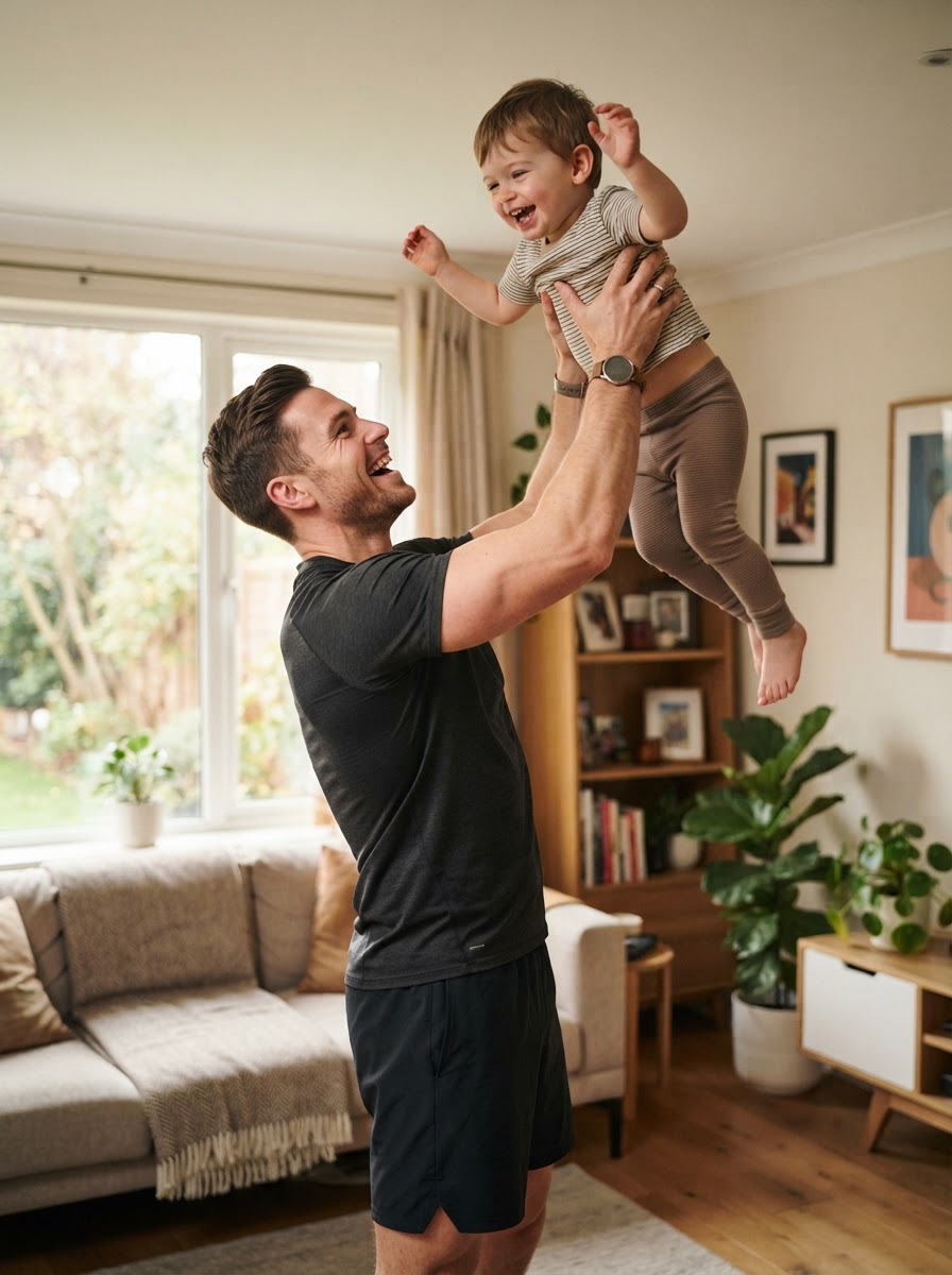 Ethan Cole lifting his child at home after work