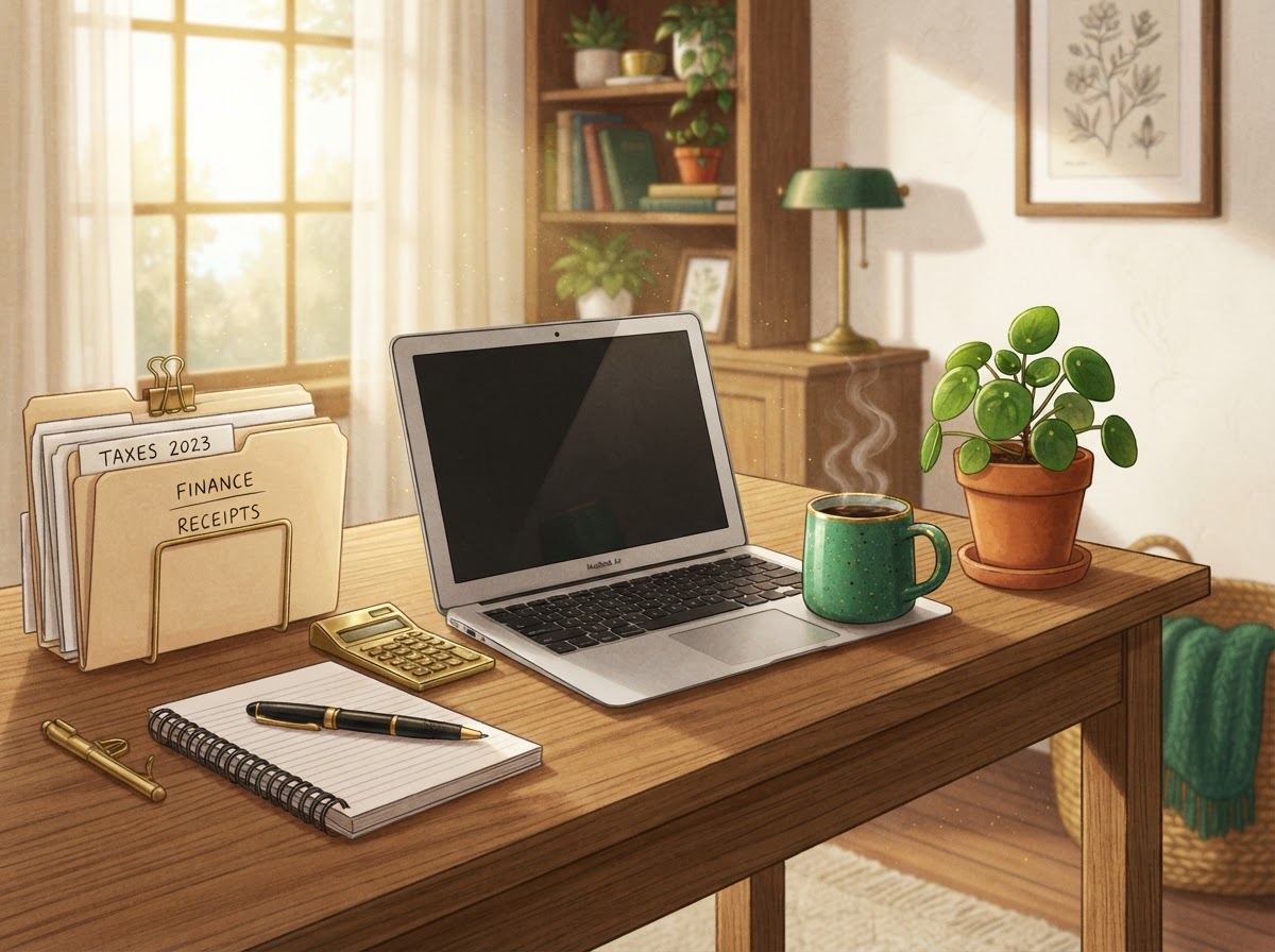 A warm, welcoming illustrated home office desk with a laptop, coffee, and documents in soft golden light
