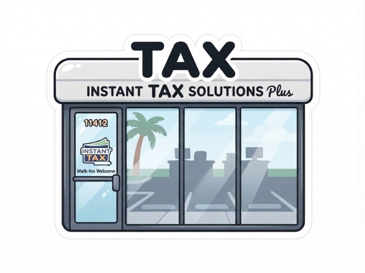 Instant Tax Solutions Plus illustrated storefront at 11412 West Sample Rd in Coral Springs, FL