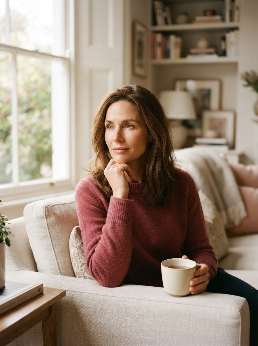Claire Bennett seated near a window in a quiet interior, reflecting