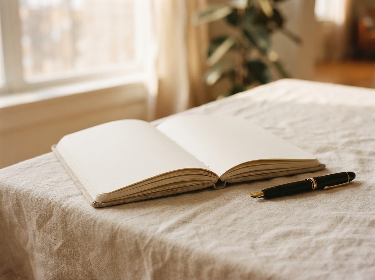 An open blank notebook resting on a linen surface in warm natural window light