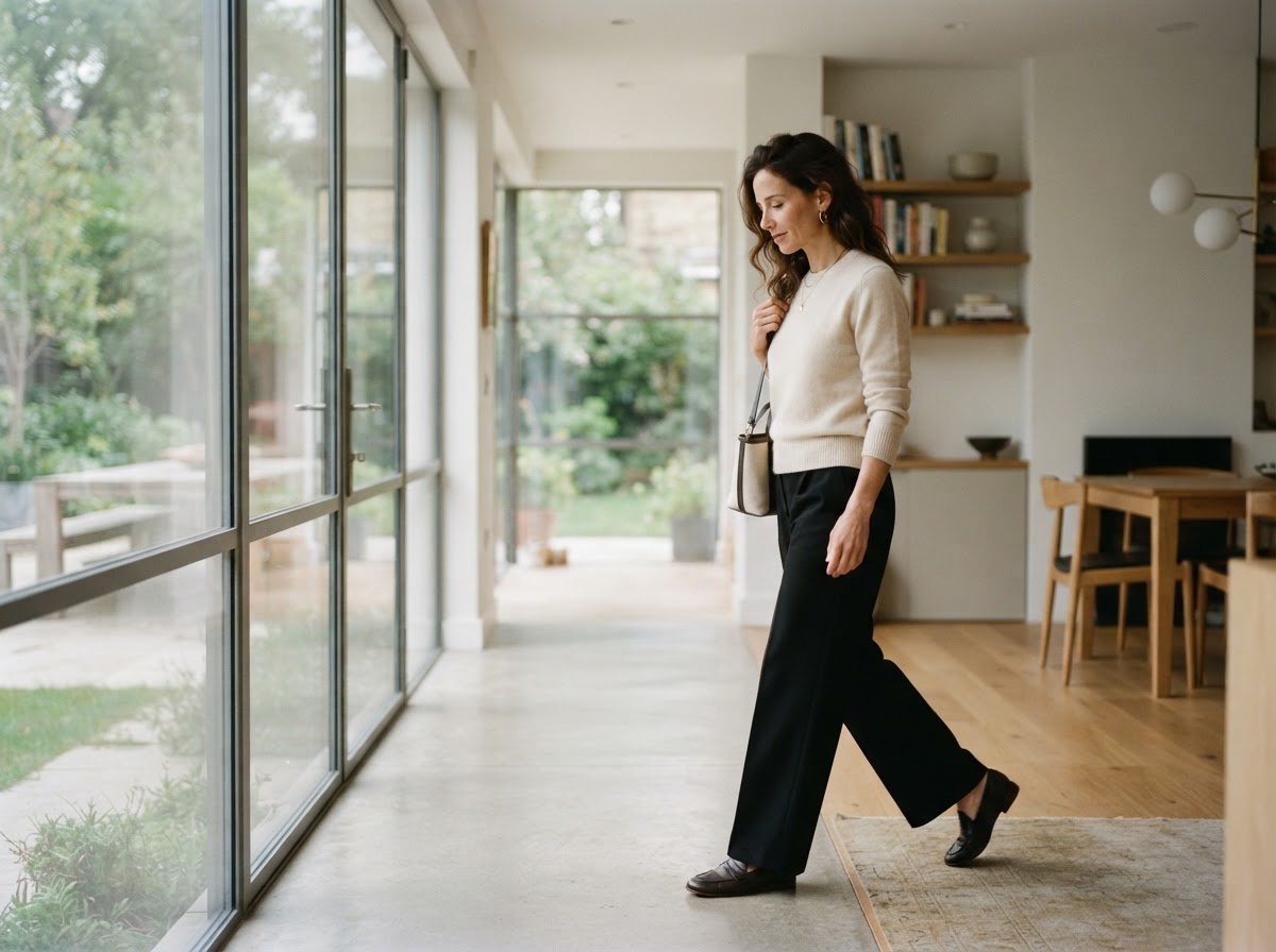 Claire Bennett walking thoughtfully through a bright, quiet architectural space