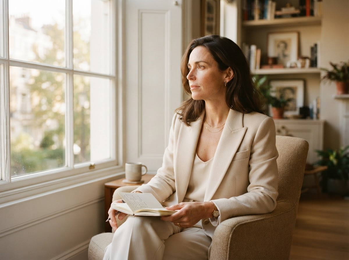 Claire Bennett seated near a bright window, reflecting quietly with a notebook