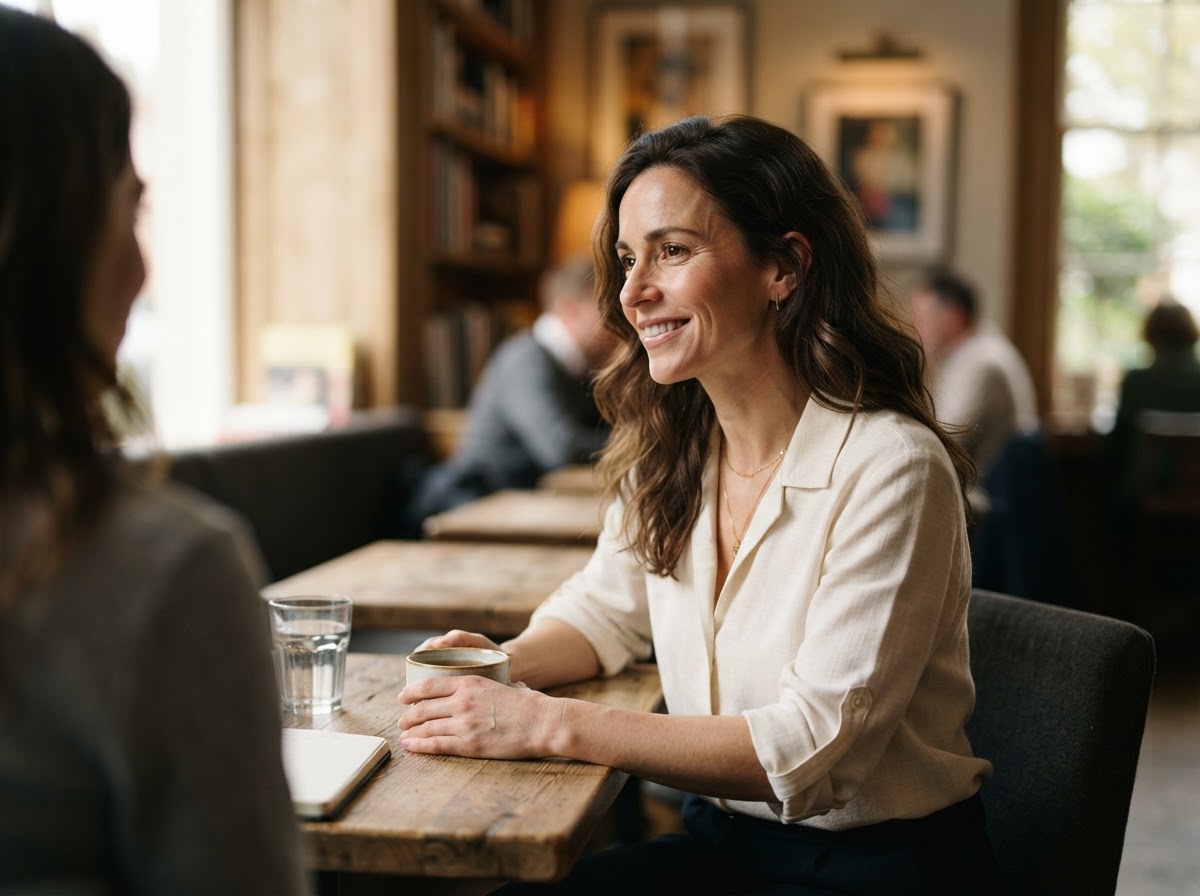 Claire Bennett seated in a quiet interior, listening attentively in conversation