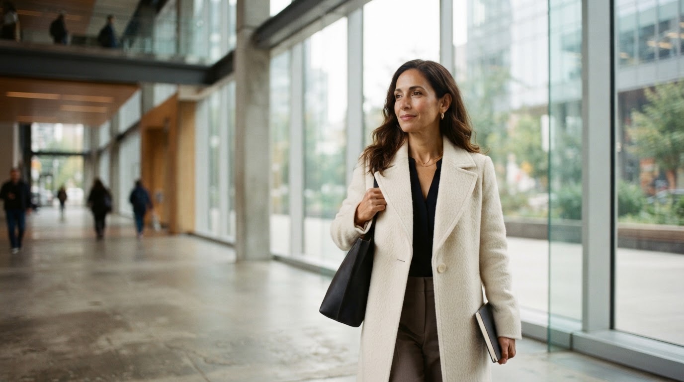 Claire Bennett walking thoughtfully through a bright architectural space