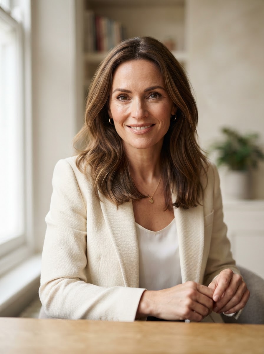 Claire Bennett, life and identity coach, in a quiet editorial portrait with natural light