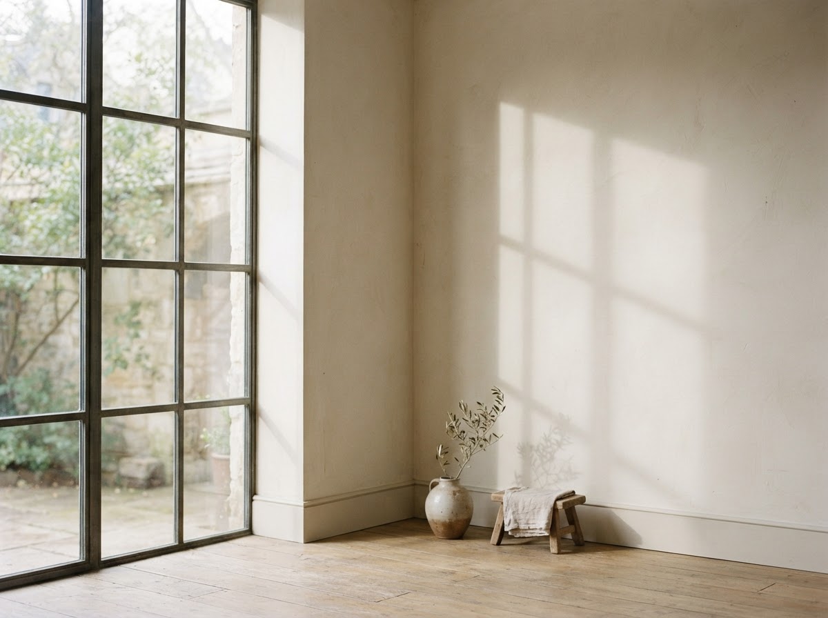 A quiet architectural interior corner with soft geometric window shadows