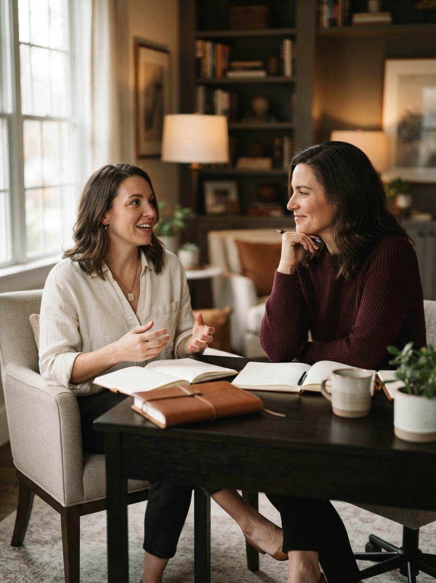 Claire Bennett in a quiet, private coaching conversation with a client