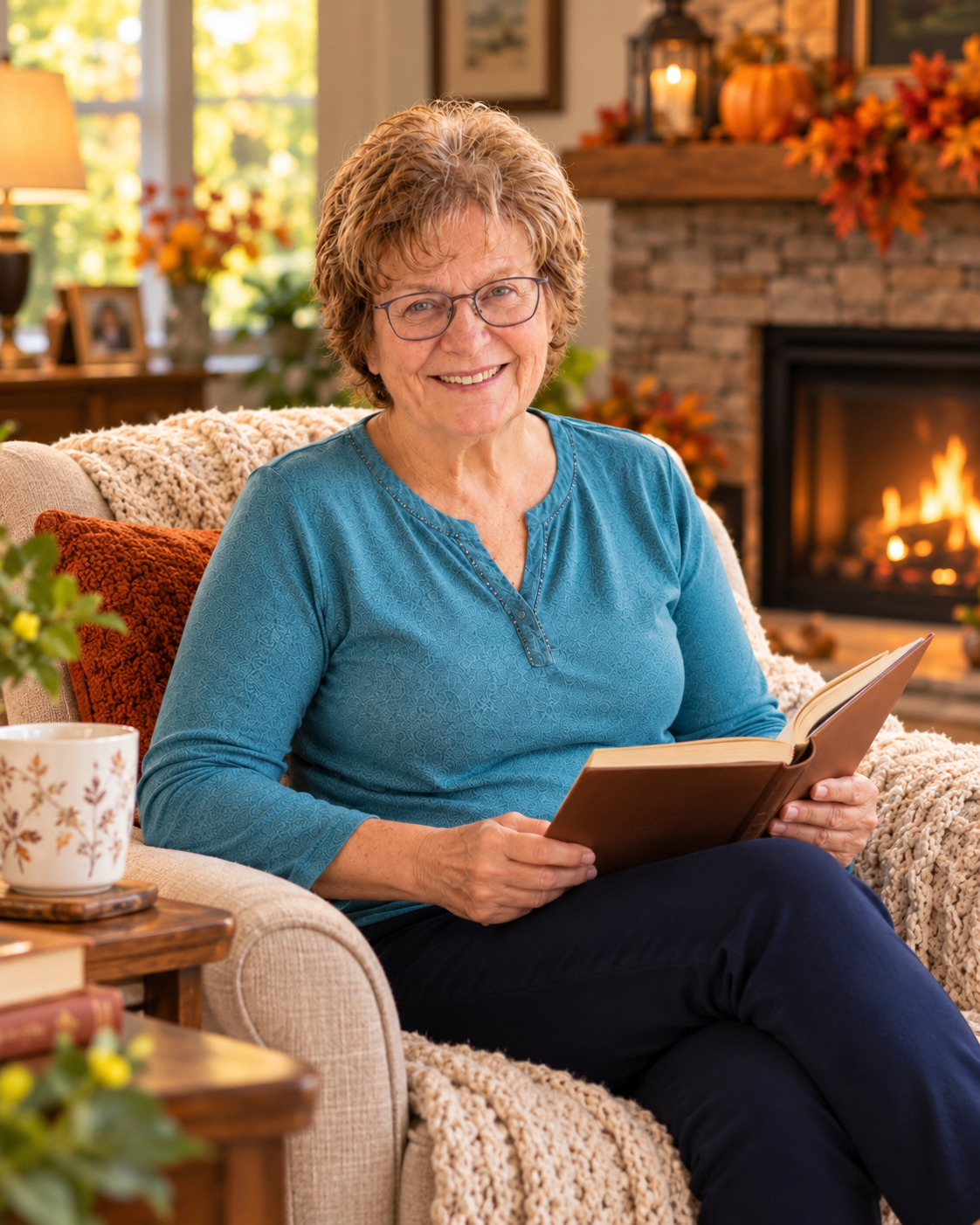 Johanna Baker reading by the fireside