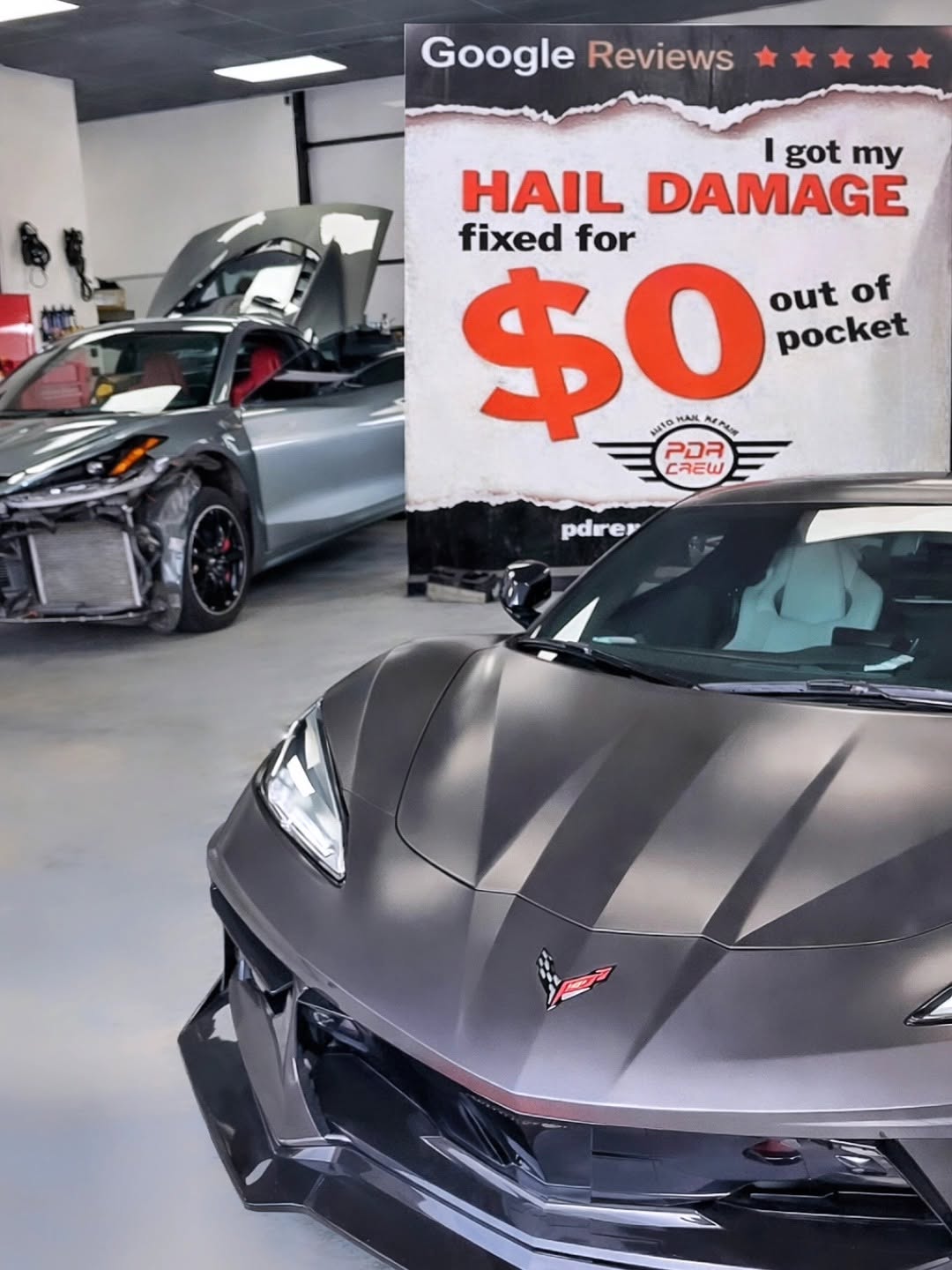 Corvette C8 sports car undergoing precision auto body and paint services
