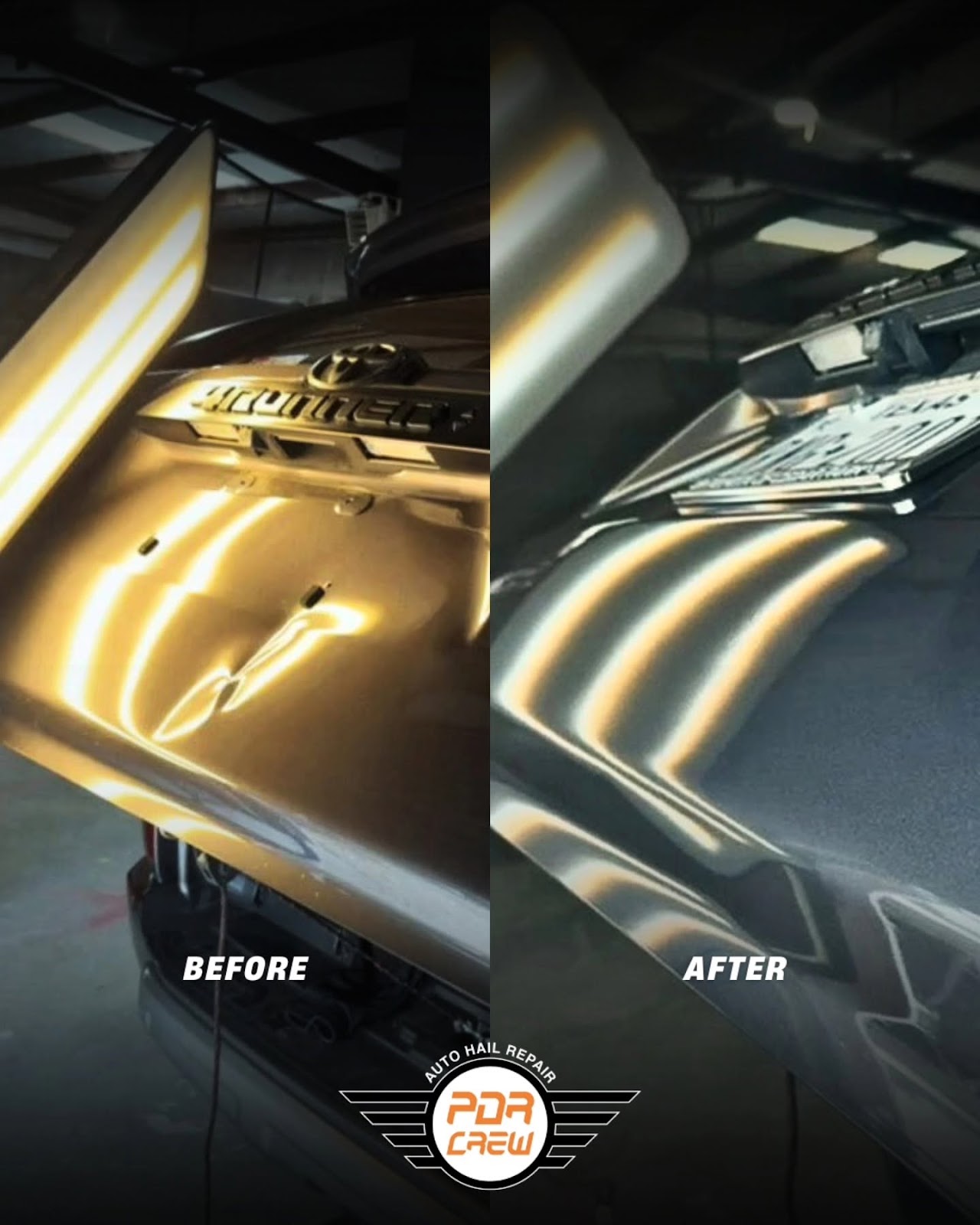 Before and after hood crease dent repair