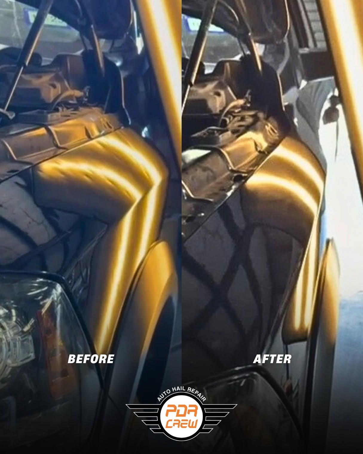 Before and after paintless dent repair with line reflection board
