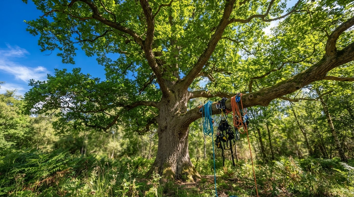 Lush forest canopy of mature trees under a blue sky