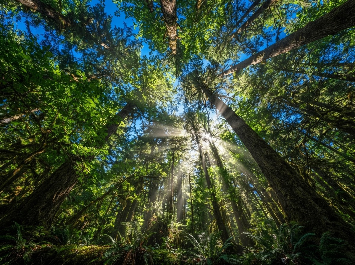 Lush forest canopy viewed from below with sunlight