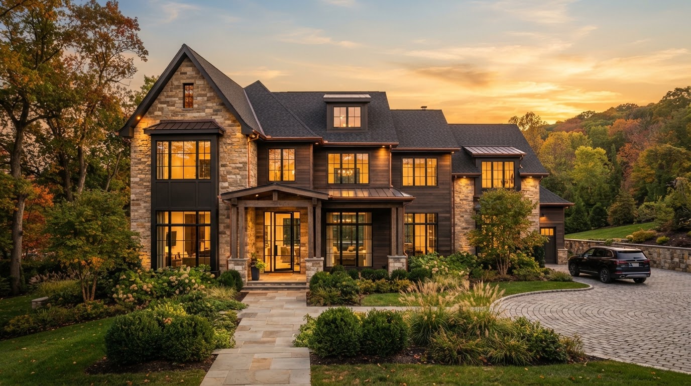 Luxury custom-built home in Northern New Jersey at golden hour