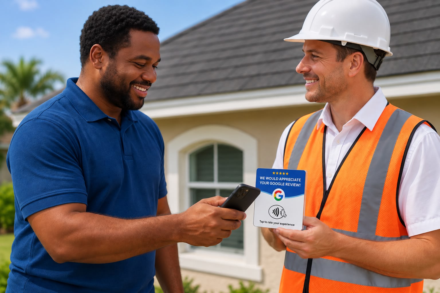 Customer tapping smartphone against NFC review card held by service contractor