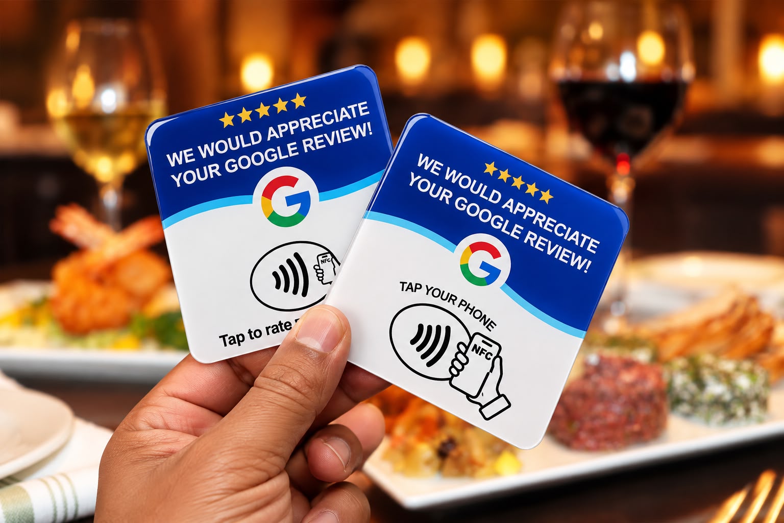 Two EarnTrust NFC Google Review tap cards held in a restaurant dining setting