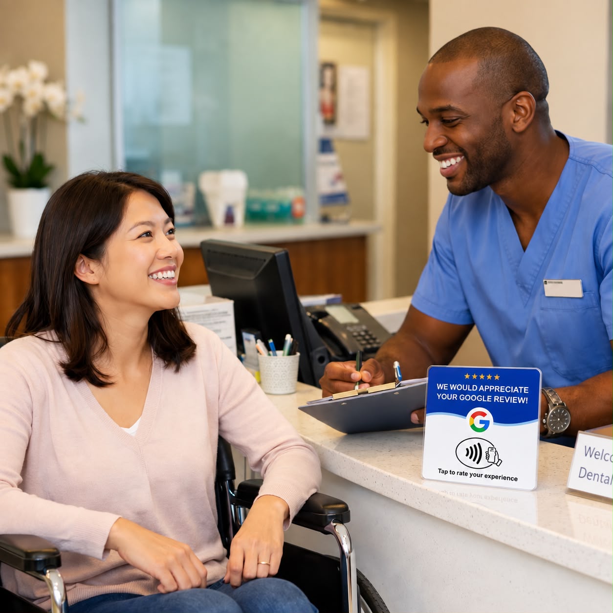 Dental clinic reception counter featuring a customer and staff member with an EarnTrust Google Review tap plaque