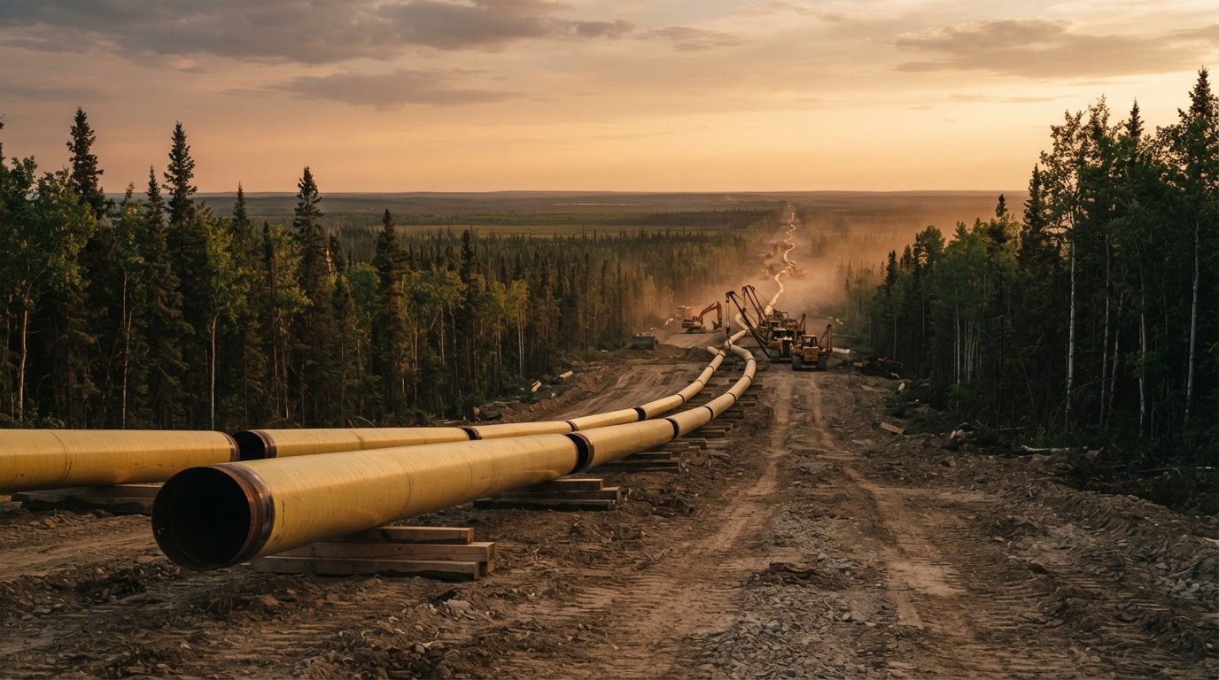 Large-diameter steel pipeline staged across a Northern Alberta right-of-way