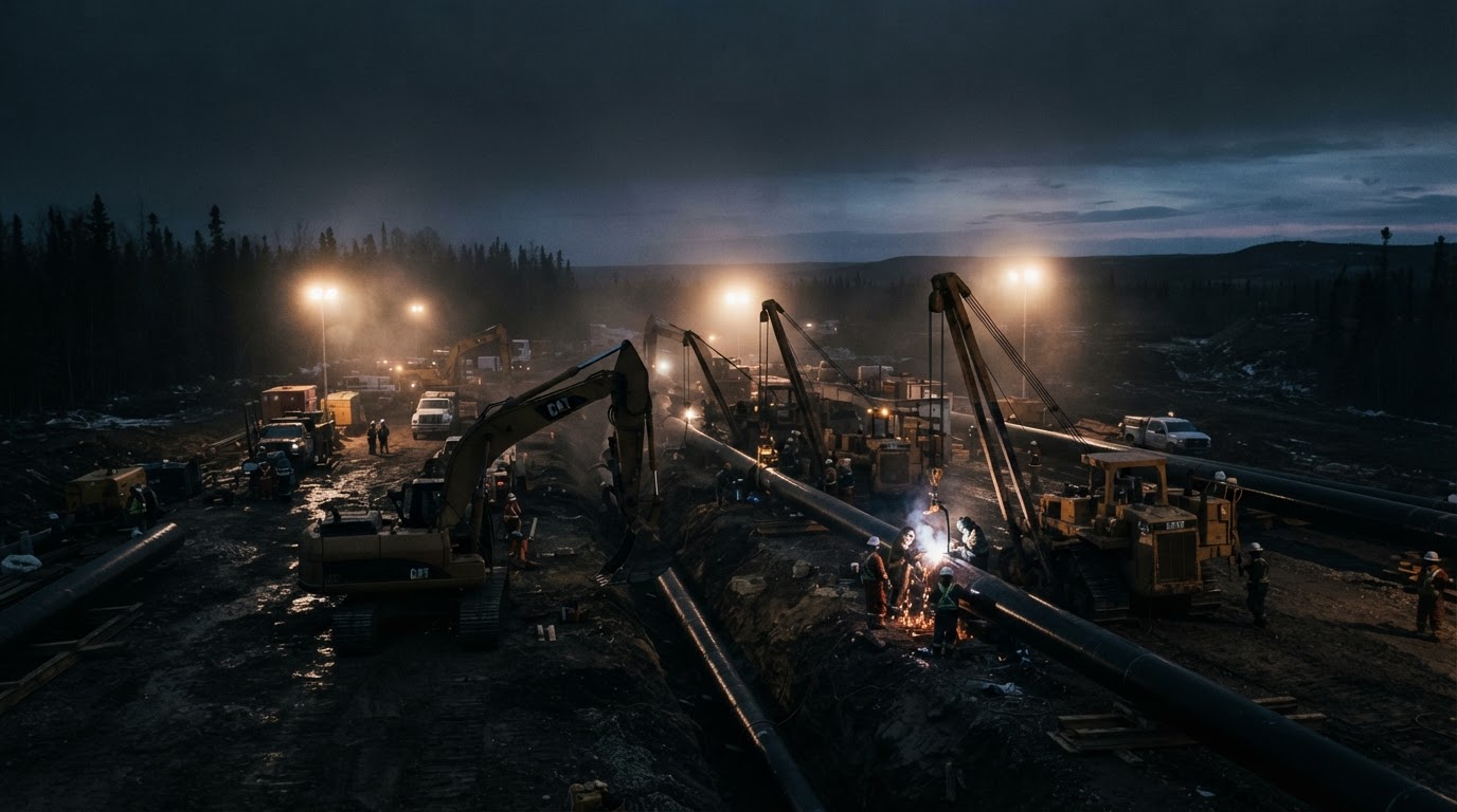 Industrial pipeline work site at dusk in Northern Alberta