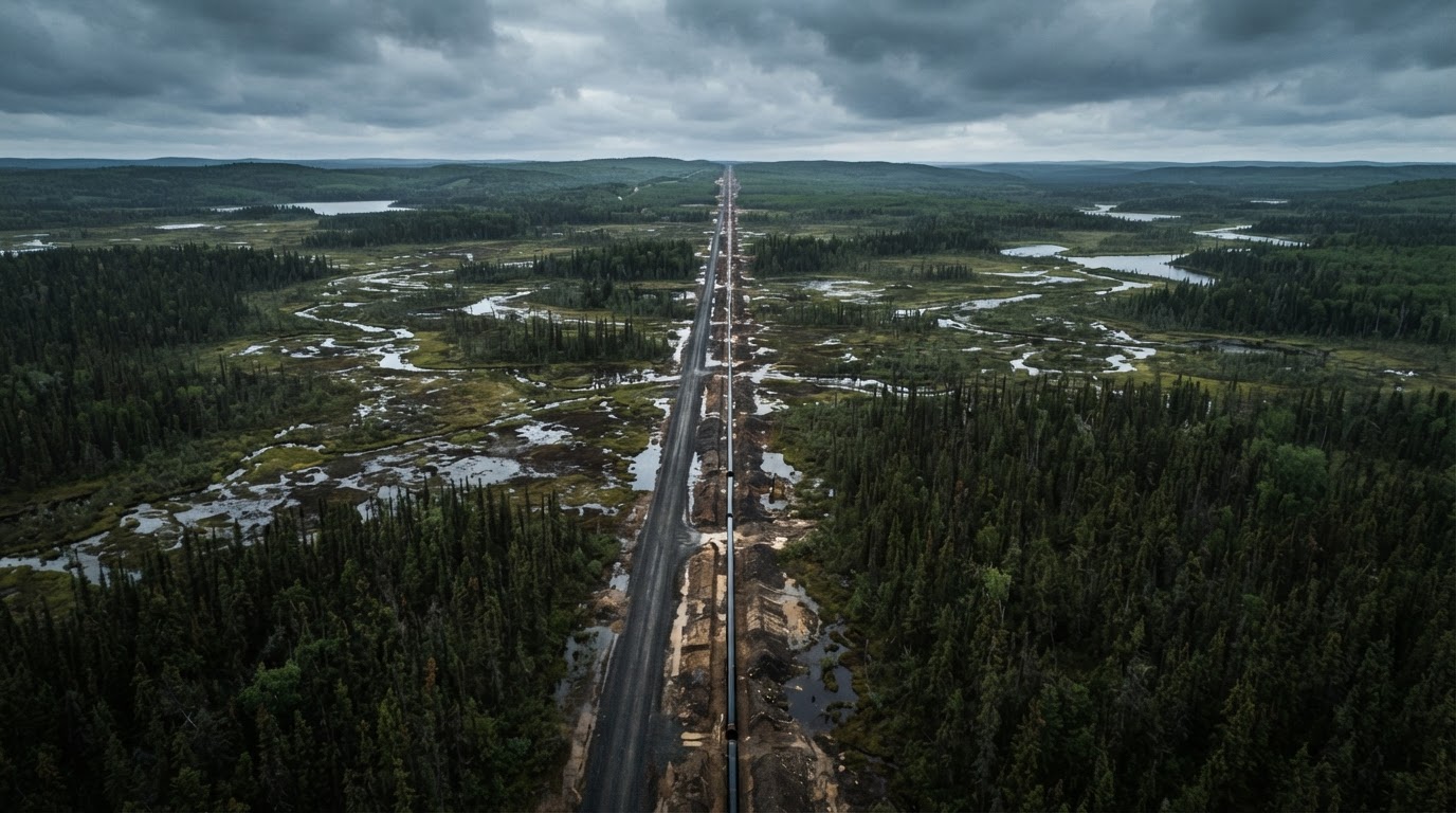 A long pipeline right-of-way cut through Northern Alberta muskeg and boreal forest