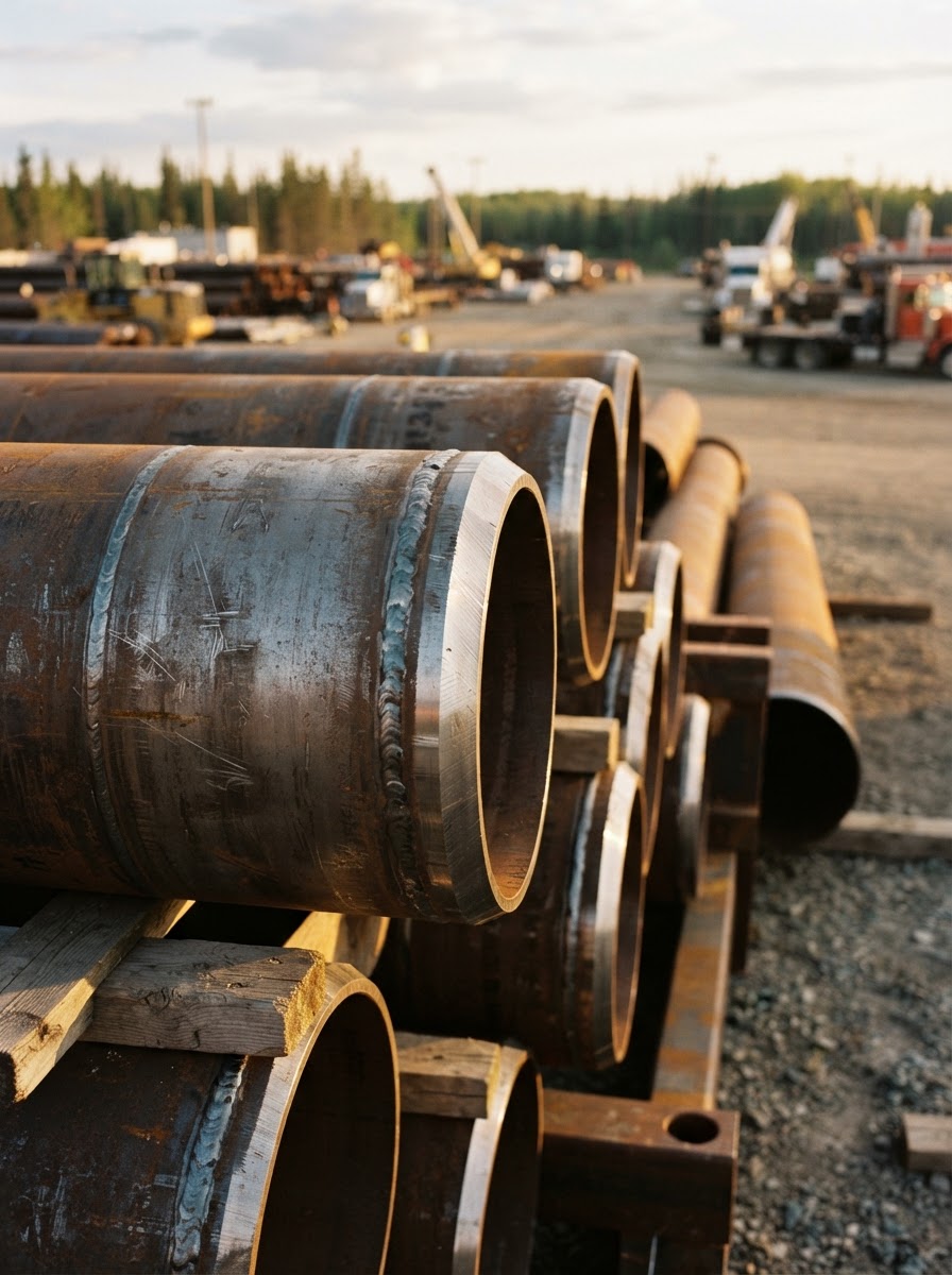 Large-diameter pipe stacked in a Fort McMurray pipe yard