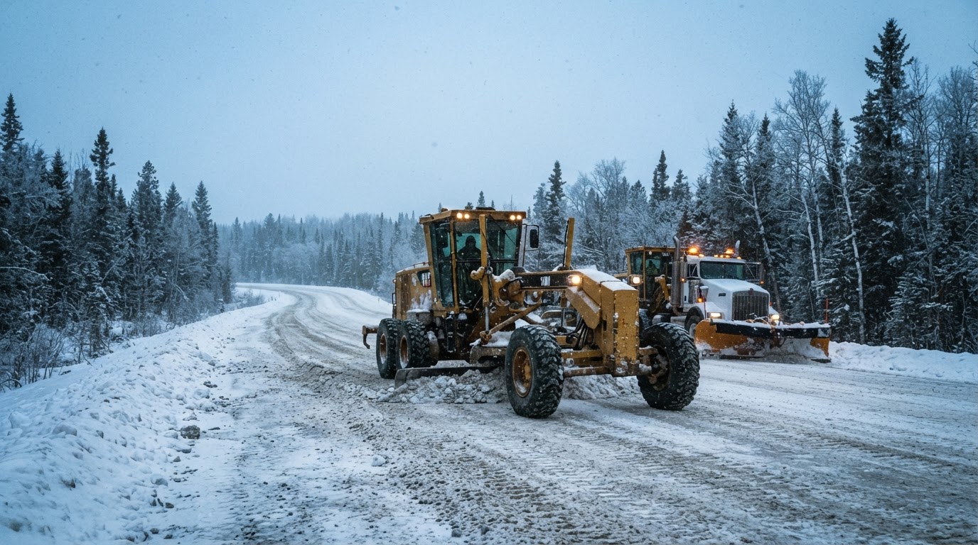 Industrial access road cleared of snow in winter