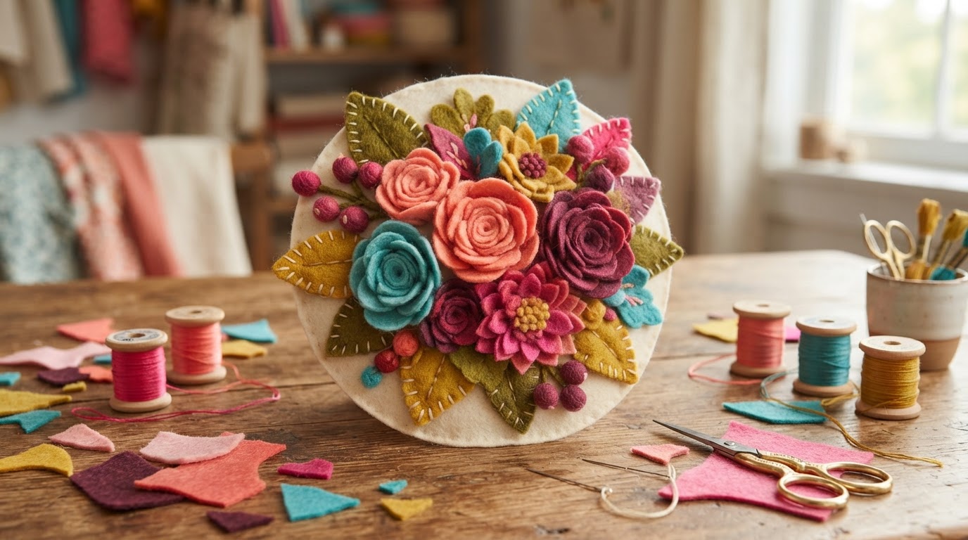 The finished Felt Fall Ball felt floral project on a craft table