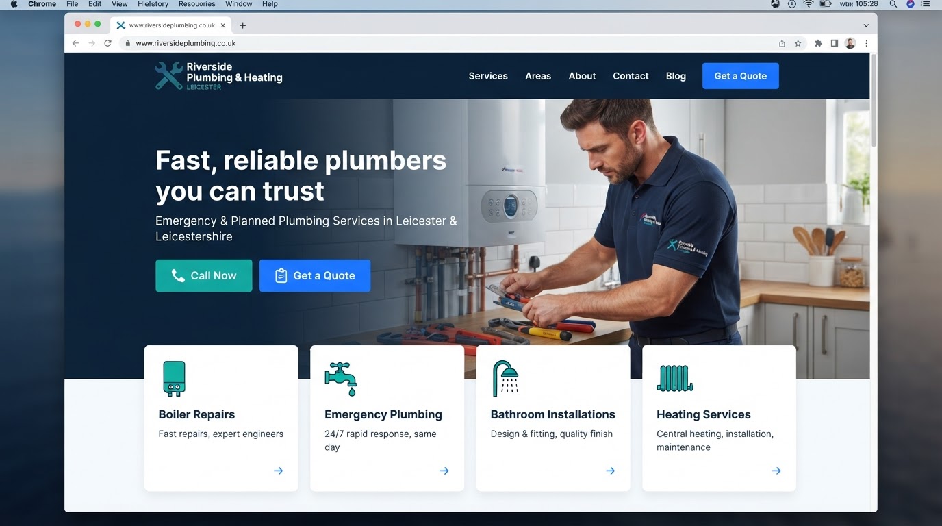 An original plumbing website design concept created by Trade Website Pro