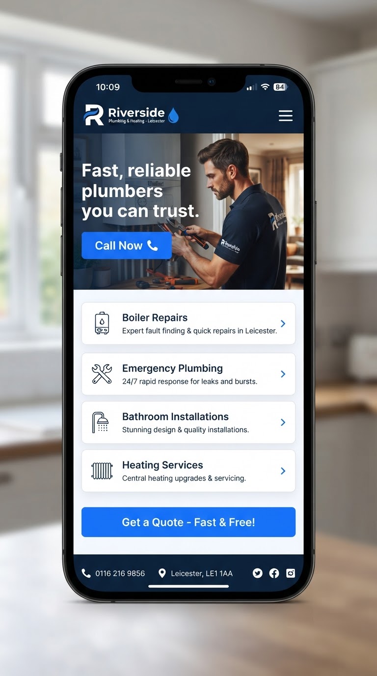 A plumbing website design concept shown on a mobile phone