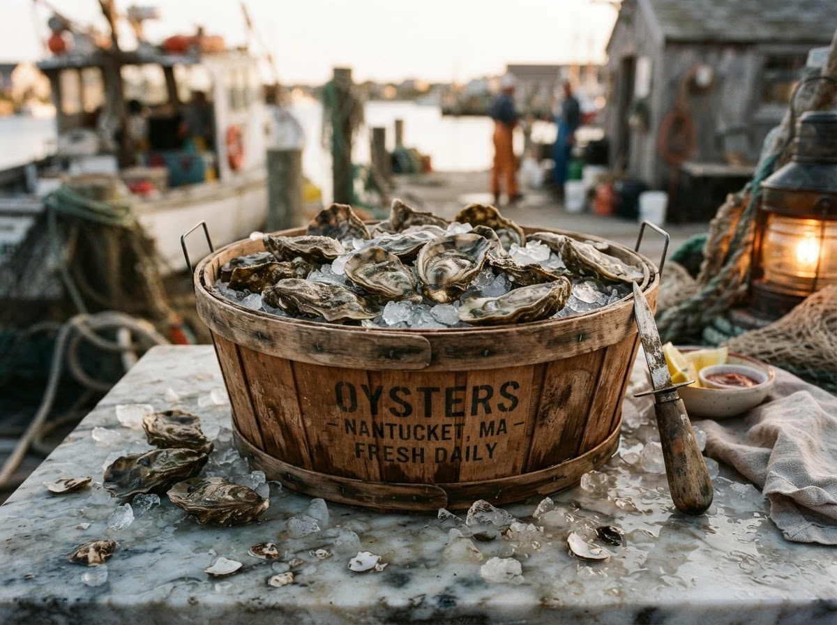 Fresh wild NC oysters in wooden bushel basket